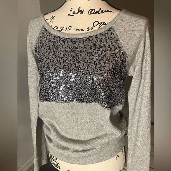 Express Grey Super Soft Sweatshirt Style- Size XS sequins are black & Silver - Picture 7 of 9